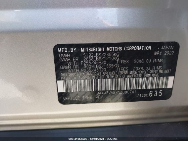 2022 MITSUBISHI OUTLANDER JA4J3VA88NZ080741 Photo 8