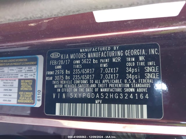 5XYPGDA52HG324164 KIA Sorento 3.3l Lx