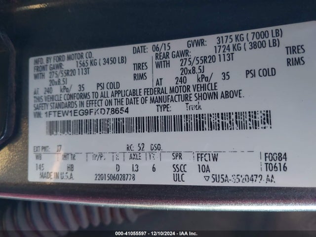 Ford F-150 Lariat 2015 1FTEW1EG9FKD78654 Image 9