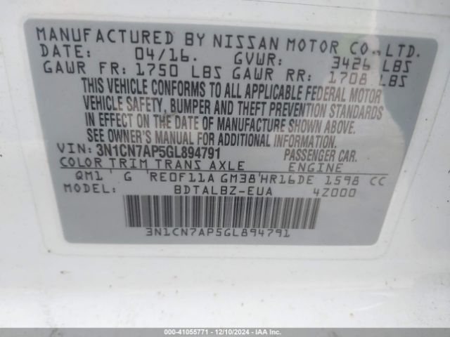 3N1CN7AP5GL894791 Nissan Versa 1.6 S/1.6 S+/1.6 Sl/1.6 Sv