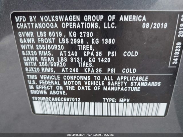 1V2UR2CA9KC597012 Volkswagen Atlas 3.6l V6 Se W/technology