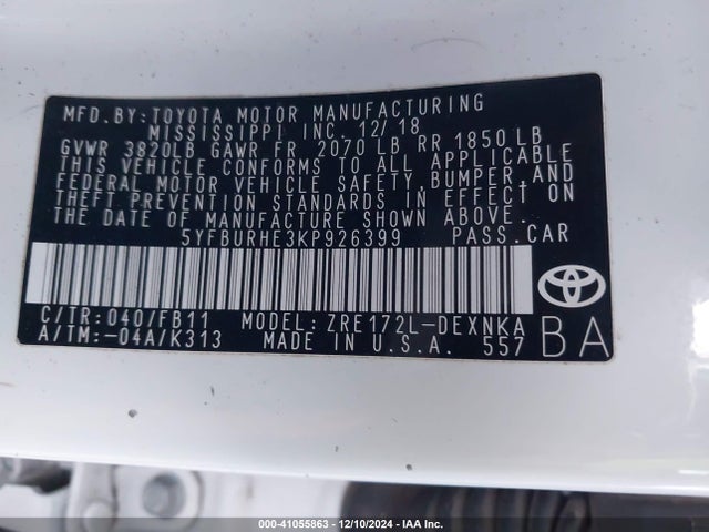 Toyota COROLLA LE 2019 5YFBURHE3KP926399 Image 9