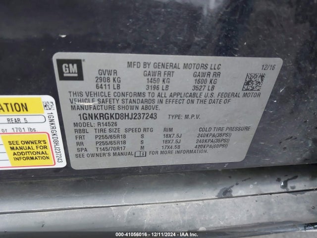 1GNKRGKD8HJ237243 Chevrolet Traverse 1lt