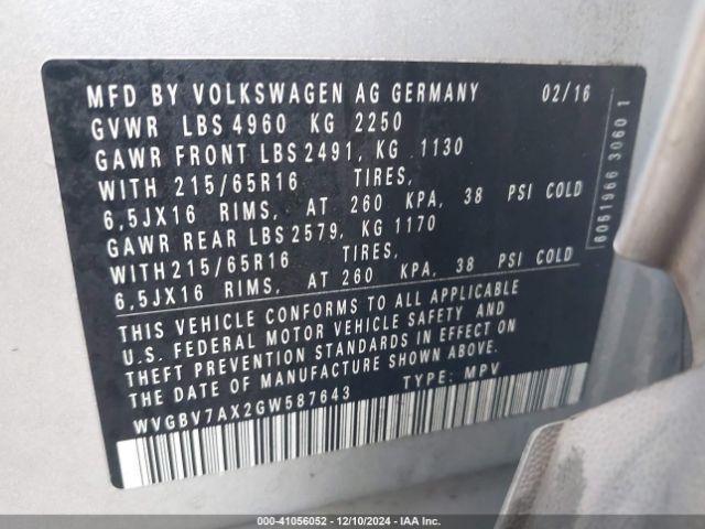 WVGBV7AX2GW587643 Volkswagen TIGUAN S