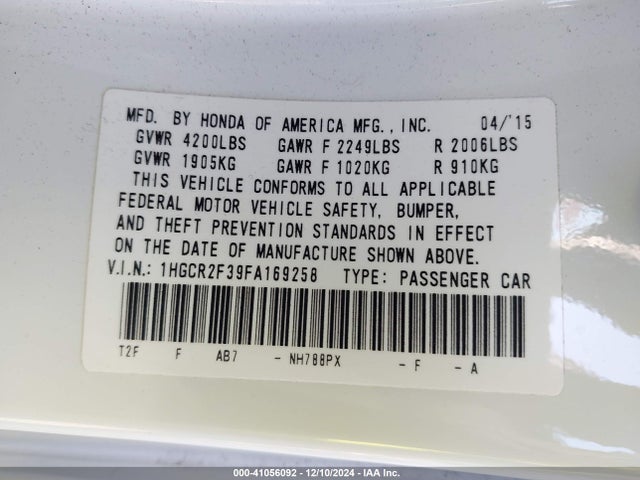 Honda ACCORD LX 2015 1HGCR2F39FA169258 Image 9