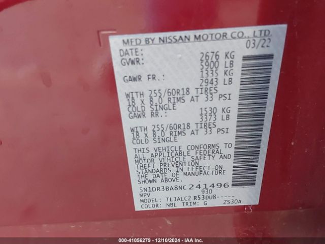 5N1DR3BA8NC241496 Nissan Pathfinder Sv 2wd