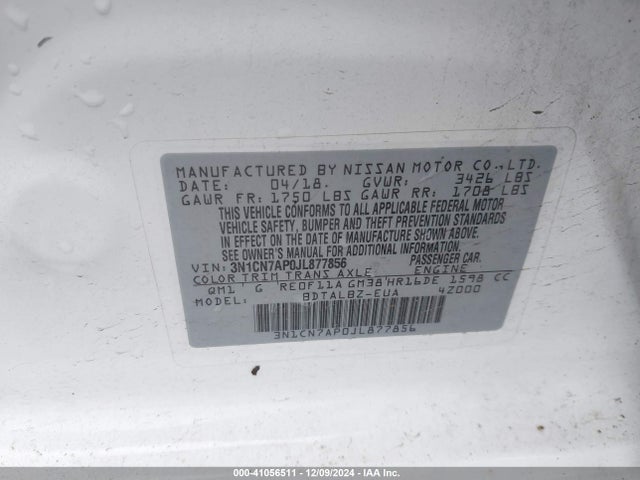 3N1CN7AP0JL877856 Nissan Versa 1.6 Sv