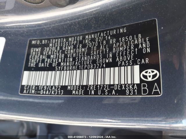5YFBURHE1EP083274 Toyota Corolla L/le/le Pls/prm/s/s Pls
