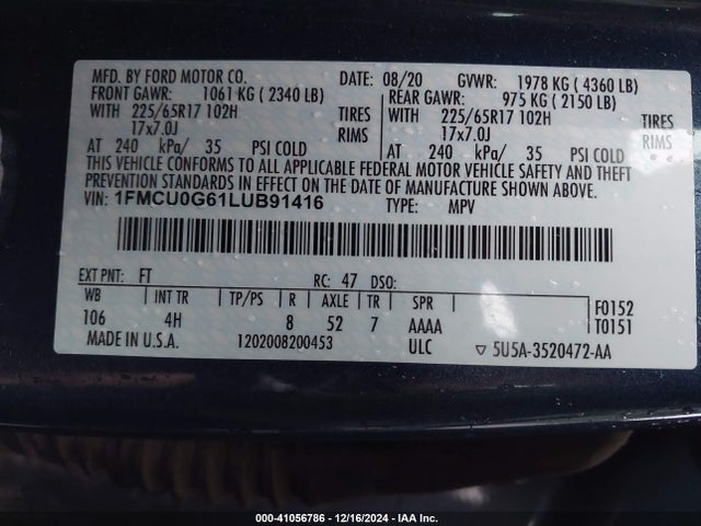 Ford ESCAPE SE 2020 1FMCU0G61LUB91416 Image 9