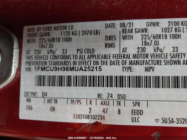 1FMCU9H98MUA25215 Ford ESCAPE SEL