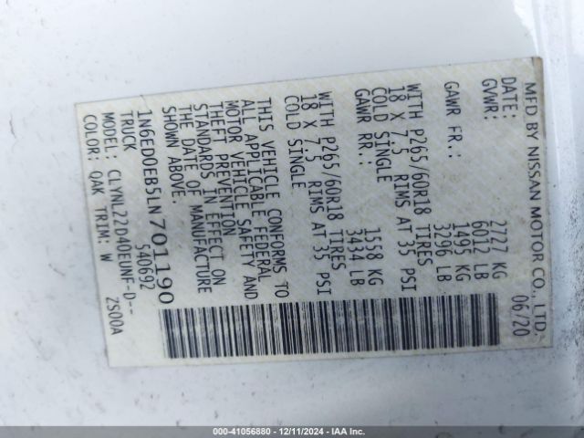 1N6ED0EB5LN701190 Nissan Frontier Sv 4x4
