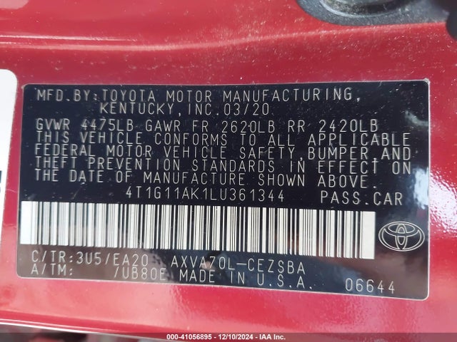 Toyota CAMRY SE 2020 4T1G11AK1LU361344 Image 9