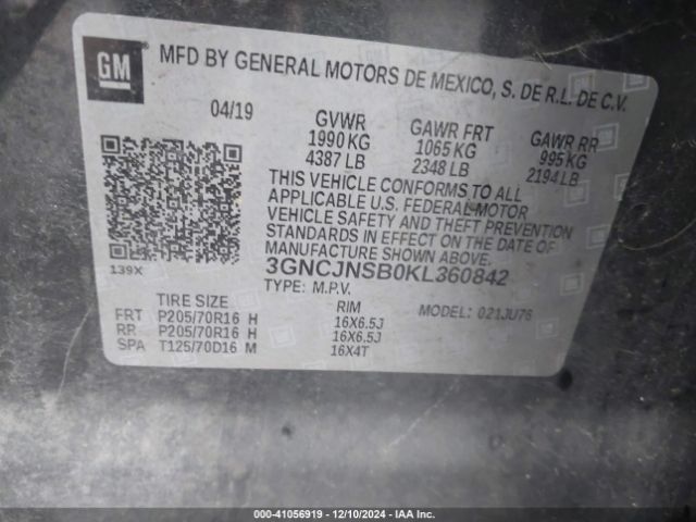 3GNCJNSB0KL360842 Chevrolet TRAX LS