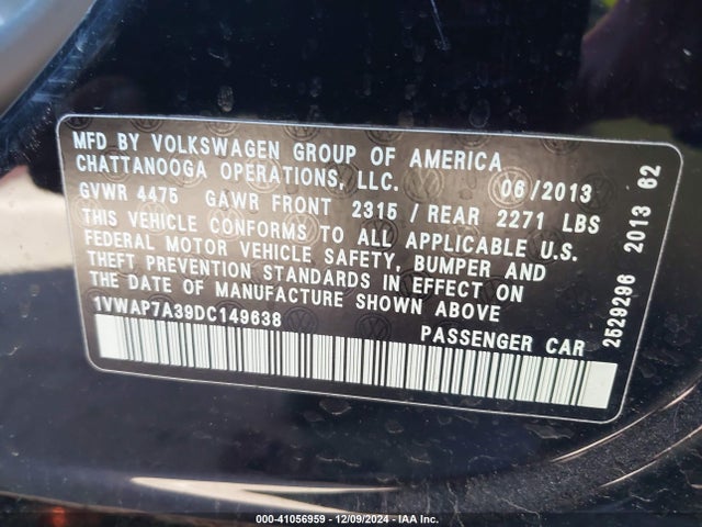 Aukcja sprzedaży 2013 Volkswagen Passat 2.5l S, vin: 1VWAP7A39DC149638, numer aukcji: 41056959