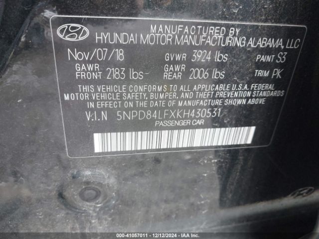 5NPD84LFXKH430531 Hyundai Elantra Limited