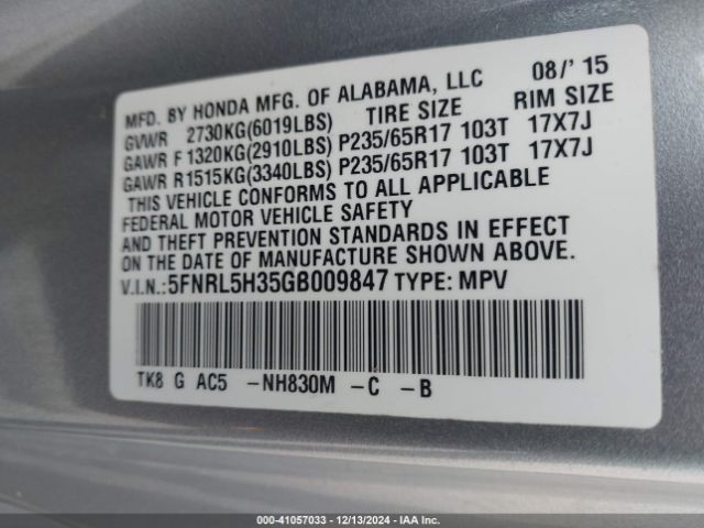 5FNRL5H35GB009847 Honda ODYSSEY SE