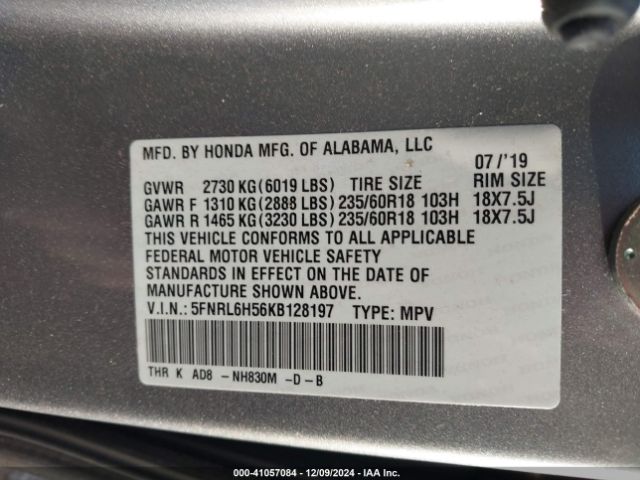 5FNRL6H56KB128197 Honda ODYSSEY EX