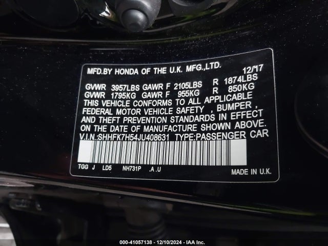 Honda CIVIC EX 2018 SHHFK7H54JU408631 Image 9