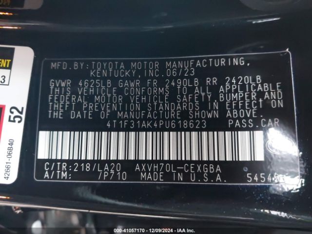 4T1F31AK4PU618623 Toyota Camry Xle Hybrid