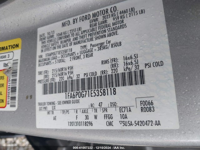 Ford FUSION S 2014 1FA6P0G71E5358118 Image 9