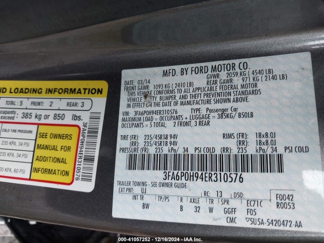 Ford FUSION SE 2014 3FA6P0H94ER310576 Image 9
