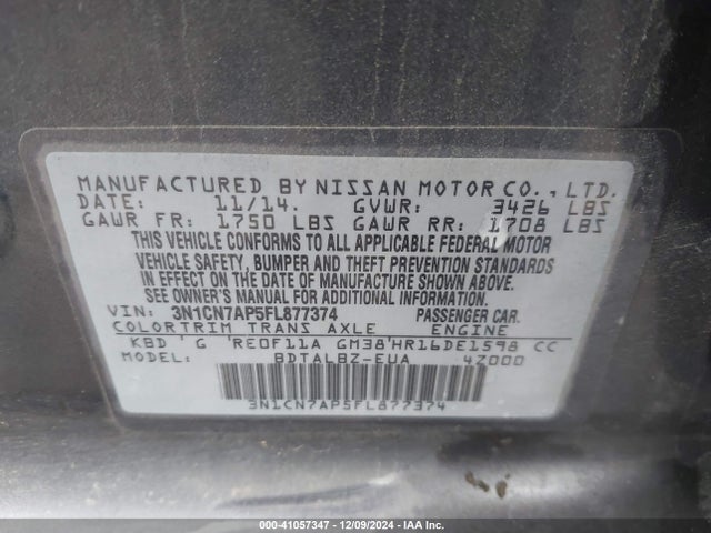 3N1CN7AP5FL877374 Nissan Versa 1.6 Sv