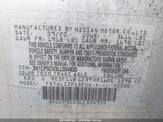 3N1CP5CV3LL554933 Nissan Kicks Sv Xtronic Cvt