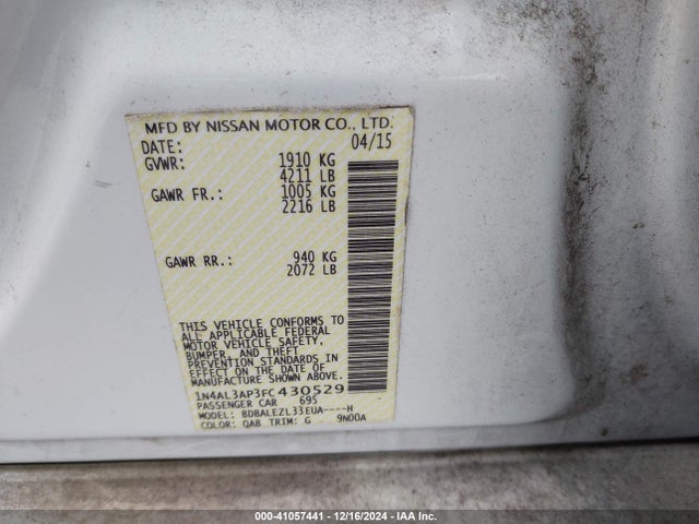 Nissan Altima 2.5 S 2015 1N4AL3AP3FC430529 Image 9