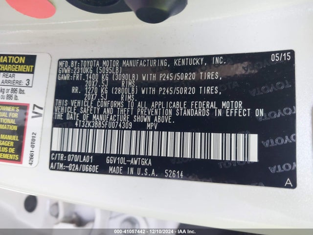 4T3ZK3BB5FU074309 Toyota Venza Le/xle/limited