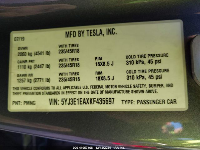 5YJ3E1EAXKF435697 Tesla Model 3 Long Range/mid Range/standard Range/standard Range Plus