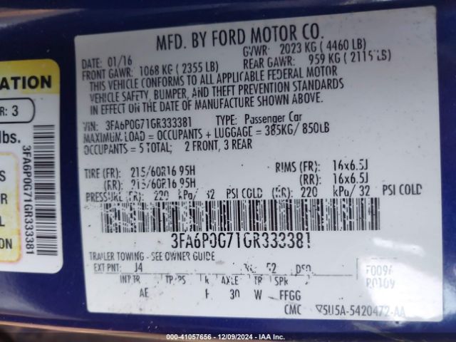 3FA6P0G71GR333381 Ford FUSION S