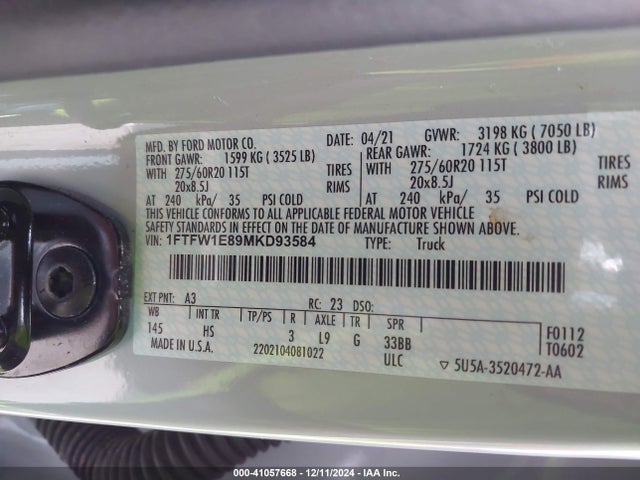 Ford F-150 Lariat 2021 1FTFW1E89MKD93584 Image 9