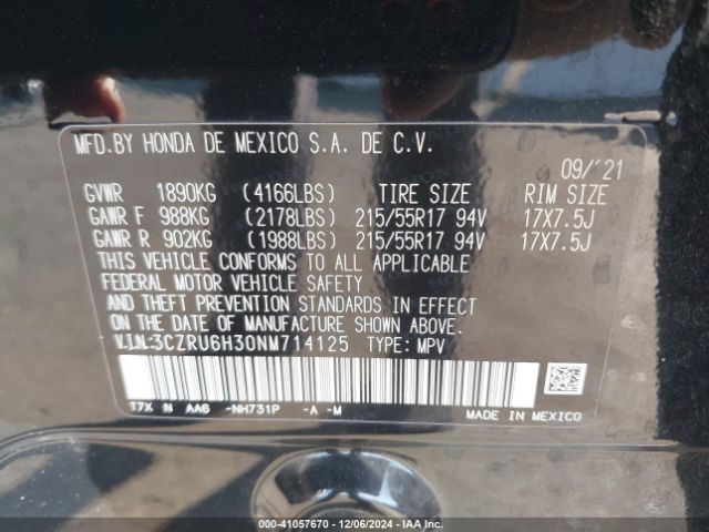 3CZRU6H30NM714125 Honda Hr-v Awd Lx