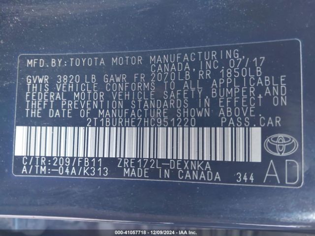 2T1BURHE7HC951220 Toyota COROLLA LE