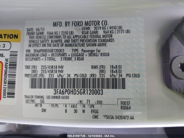Ford FUSION SE 2016 3FA6P0HD5GR120003 Image 9