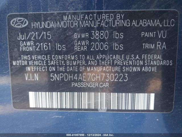5NPDH4AE7GH730223 Hyundai ELANTRA SE