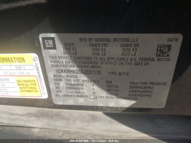 1GNKRHKD5GJ331178 Chevrolet Traverse 2lt