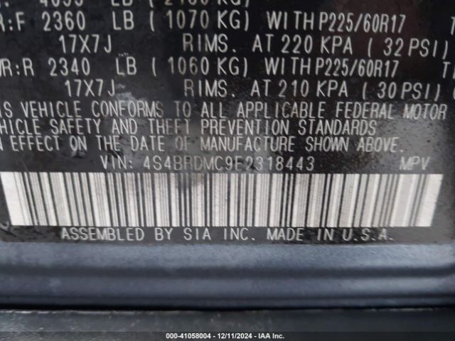 4S4BRDMC9E2318443 Subaru Outback 3.6r Limited