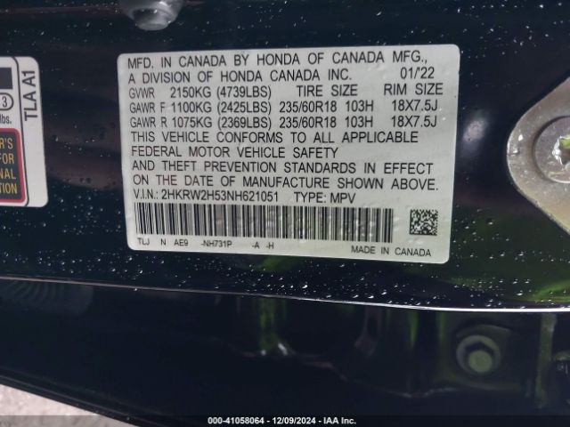 2HKRW2H53NH621051 Honda Cr-v Awd Ex