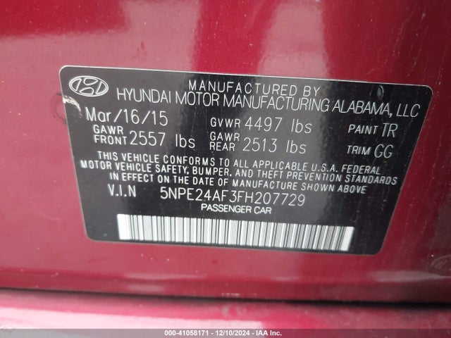 5NPE24AF3FH207729 Hyundai SONATA SE