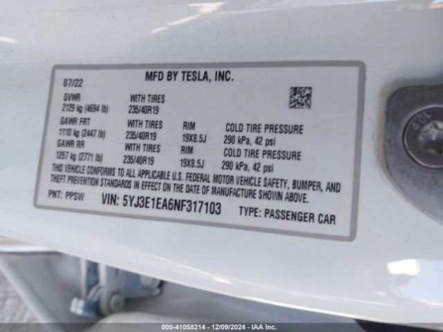 5YJ3E1EA6NF317103 Tesla Model 3 Rear-wheel Drive