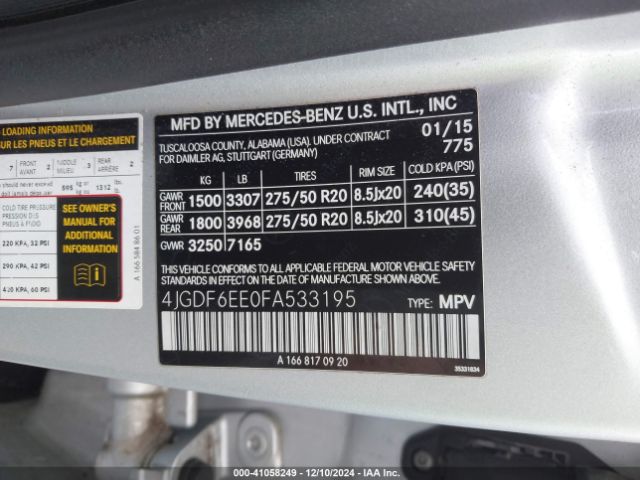 4JGDF6EE0FA533195 Mercedes-Benz Gl 450 4matic