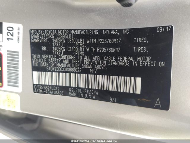 5TDYZ3DCXHS888022 Toyota Sienna Xle/limited