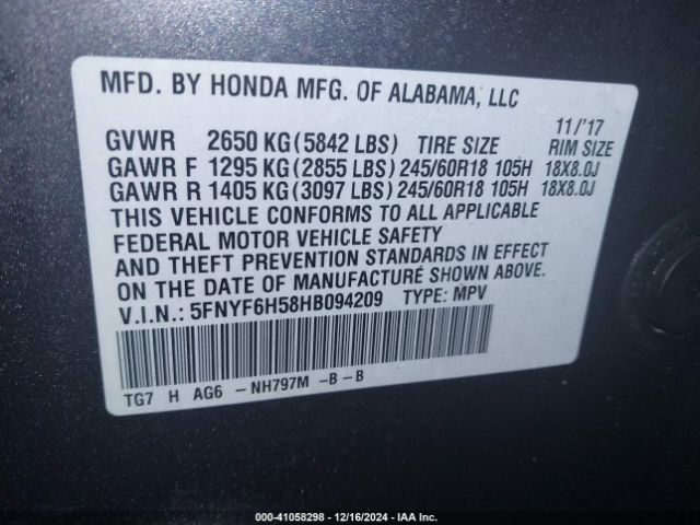 5FNYF6H58HB094209 Honda Pilot Ex-l