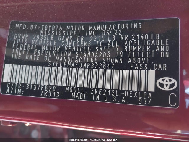 Toyota COROLLA LE 2022 5YFEPMAE3NP333647 Image 9