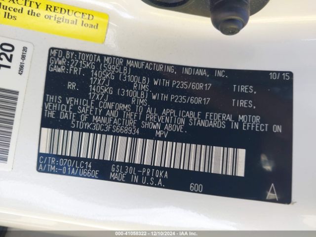 5TDYK3DC3FS668934 Toyota Sienna Xle/limited