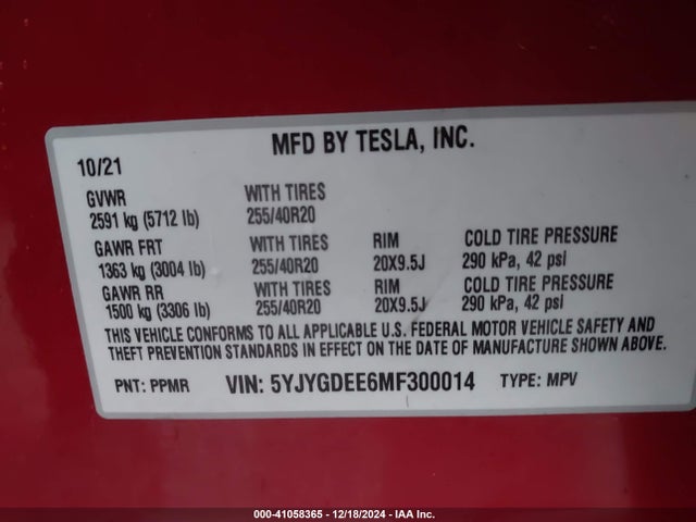 2021 TESLA MODEL Y 5YJYGDEE6MF300014 Photo 8