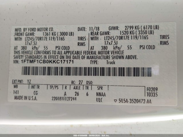 Auction sale of the 2019 Ford F-150 Xl, vin: 1FTMF1CB0KKC17171, lot number: 41058499