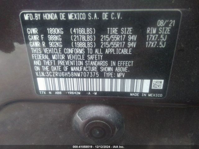 3CZRU6H58NM707375 Honda Hr-v Awd Ex