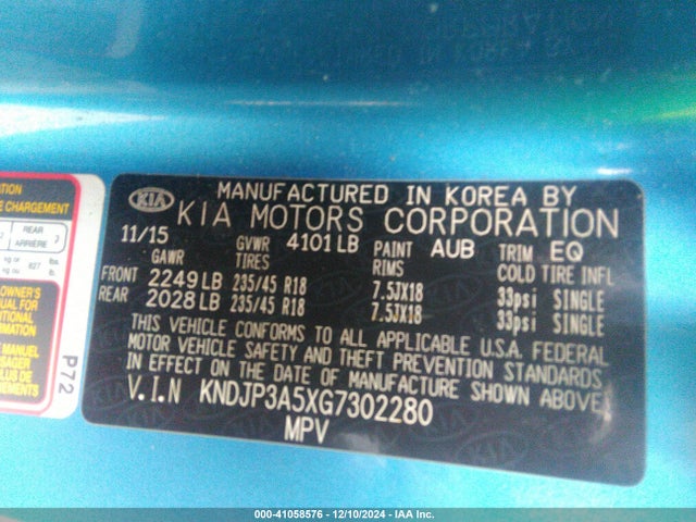 KIA SOUL + 2016 KNDJP3A5XG7302280 Image 9